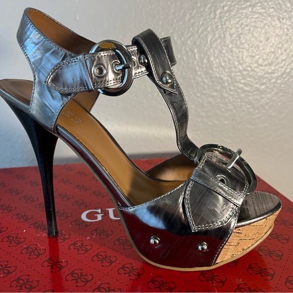 Guess Shiny Silver Strappy Heels - Picture 1 of 6